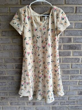 Hampton Dress Co Vintage Floral A Line Ruffle Dress Cream Pink Yellow Petite 6P